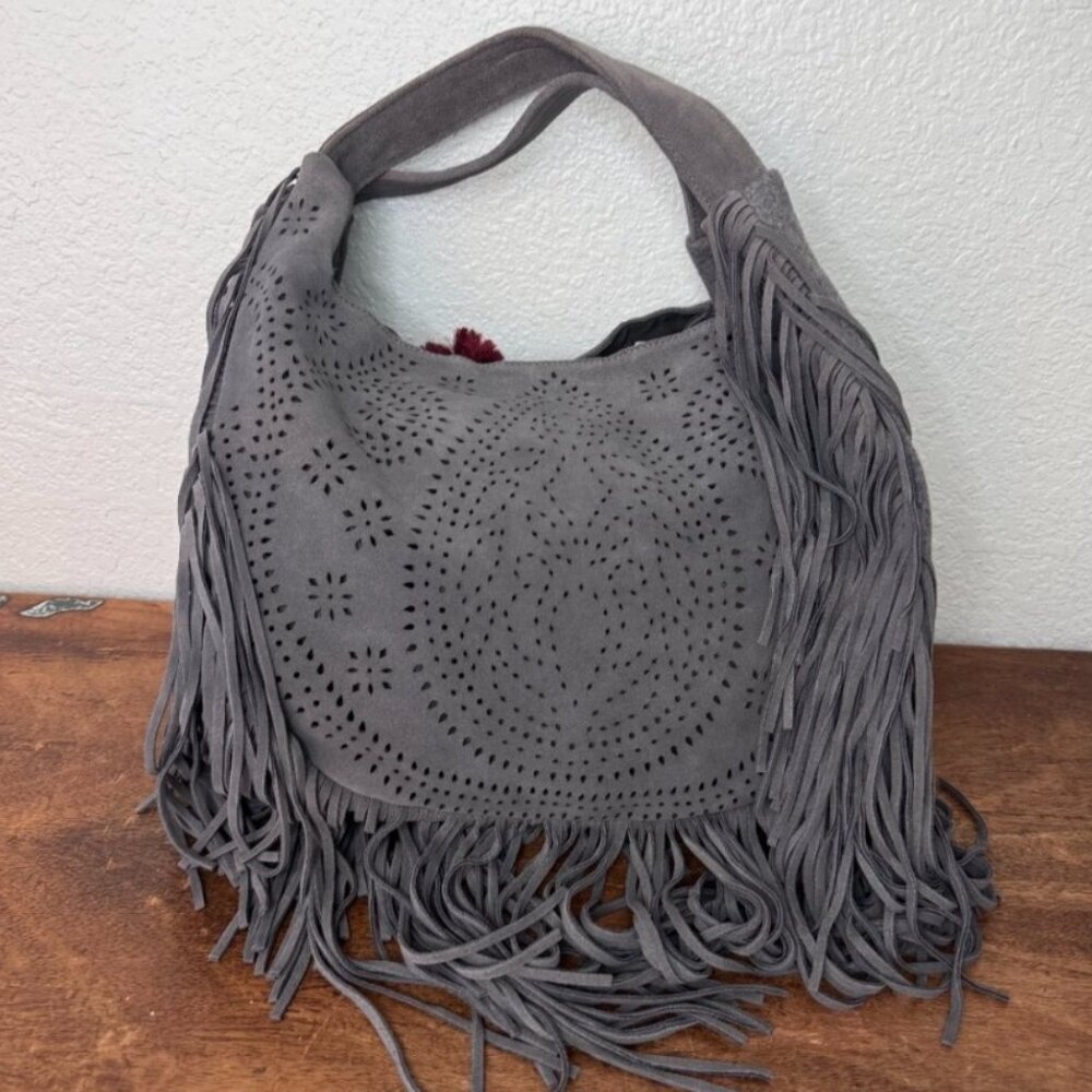 Johnny Was Elodie Laser Cut Gray Fringe Boho Purse Shoulder Bag